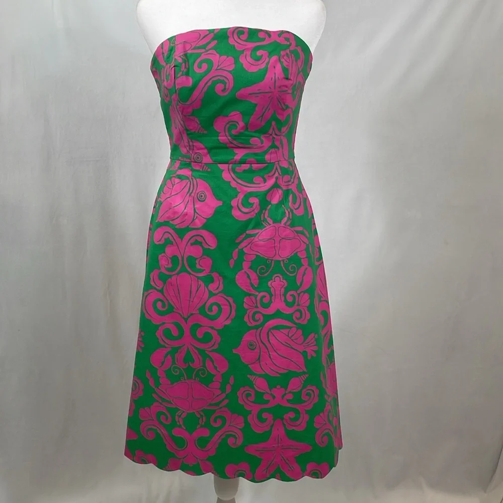 Lilly Pulitzer Strapless Sienna Dress Size 2 Vintage Pink Green Sea Life EUC - Picture 13 of 16